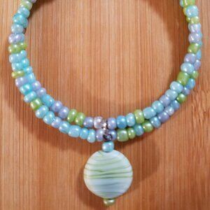 Hand Crafted Memory Wire Wrap Bracelet Beaded with Charm Green Blue Seed Beads M